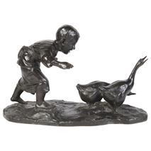 Japanese 19th Century Bronze Study of a Young Boy Chasing Geese