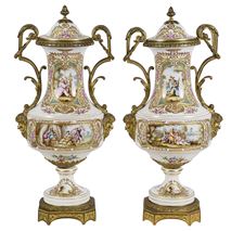 Pair French Sevres style porcelain lidded vases, C19th. 24.5"(62cm) high