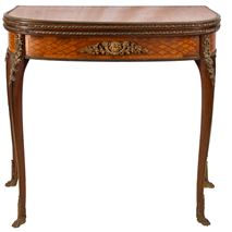 Louis XVI style parquetry inlaid card table, circa 1890 Linke style.