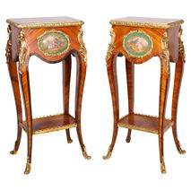 Pair Louis XVI style side tables with porcelain plaques, circa 1890.