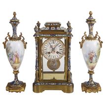 19th Century French ChamplevÃ© enamel clock set. 37cm (14.5")high