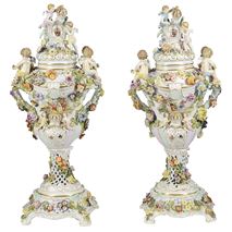 Large Pair Dresden style lidded comports, late 19th Century.