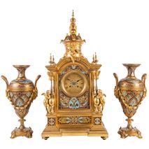 Large 19th Century French Champleve enamel clock set.