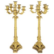 Large pair Louis XVI style gilded ormolu six light candelabra