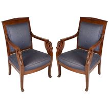 Pair French late 19th Century Empire Mahogany arm chairs.