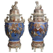 Pair large 19th Century Satsuma lidded vases. Circa 1890