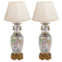 Large Pair of Canton / Rose Medallion Vases or Lamps, 19th Century. Vases 28.35 in. (72 cm) high