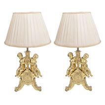 Pair late 19th Century French gilded ormolu cherub lamps.