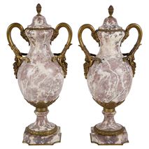 Pair of French 19th Century Breccia marble vases. 19"(49cm) high