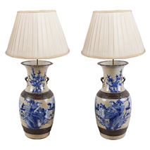 Pair Chinese 19th Century Blue and White crackleware vases / lamps
