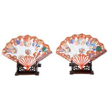 Pair Japanese Imari Fan shaped dishes on stands, circa 1900