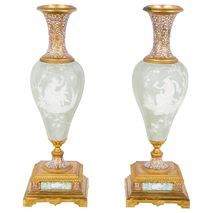 Pair 19th Century Jasper Wedgewood + enamel vases.