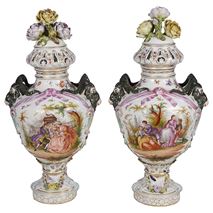 Large pair Meissen style porcelain lidded vases, 19th Century.