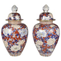 Large Pair 19th Century Japanese Fukagawa lidded vases.