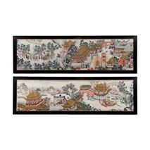 Pair 19th Century Chinese hand painted scrolls of processions.