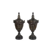 Pair of 19th Century Clodian style bronze lidded urns.