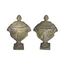 Pair classical 19th Century lidded garden urns