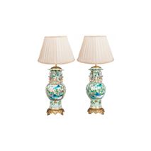 Pair 19th Rose medallion ormolu mounted vases / lamps.
