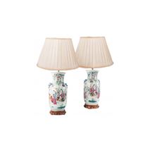 Pair 19th Century Chinese Famille Famille rose vases / lamps