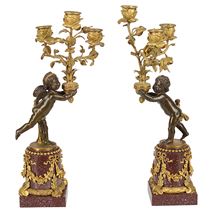 Fine pair 19th Century ormolu and Porphyry candelabra, attributed to Henry Dasson