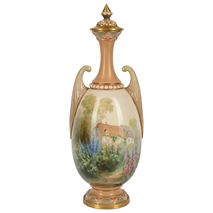 Royal Worcester lidded vase, depicting a thatched cottage, circa 1900. Signed Harry Davis. 1885-1970