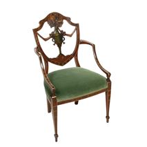 A Sheraton revival Satinwood, hand painted arm chairs, circa 1900