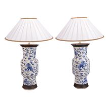 Pair of 19th Century Chinese Blue and White Crackelware Vases / lamps