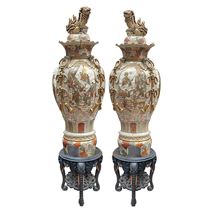 Spectacular pair of large Japanese Satsuma lidded vases, circa 1890, on stands