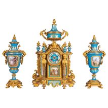 Large Sevres style porcelain clock set, 19th Century.