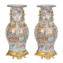 Pair 19th Century Rose medallion vases / lamps.