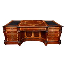 Magnificent Chippendale influenced partners pedestal desk, with inlaid decoration.