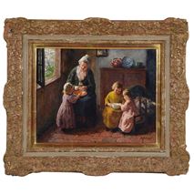 Oil on Canvas painting of Mother and Child by Bernard Pothast, 19th Century