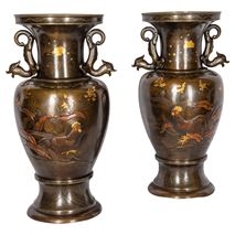 Pair Japanese Miyao style Bronze engraved vases, late C19th. 36cm(14") high