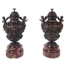 Pair classical 19th Century bronze urns.