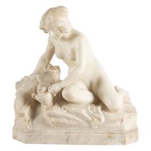19th Century Marble statue of seated nude collecting water.