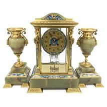Louis XVI style ormolu, enamel and onyx mantle clock set. C19th