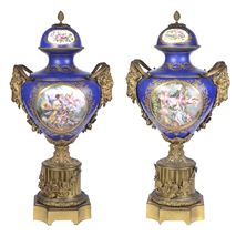 Large Pair 19th Century Sevres style lidded vases. 82cm high.