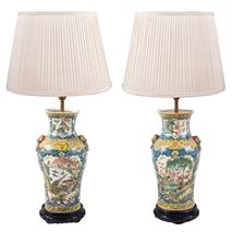 Pair 19th Century Chinese Cantonese porcelain vases lamps.