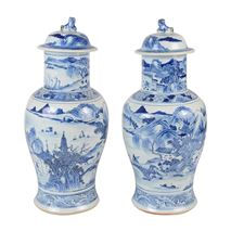 Pair Chinese 19th Century Blue and White lidded vases.
