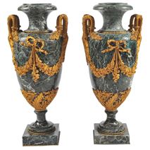 Large Pair of 19th Century Green Marble and Ormolu Urns