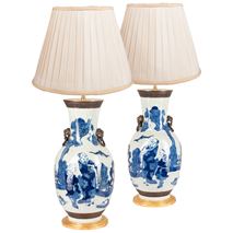 Pair of 19th Century Chinese blue and white crackle ware vases/lamps.