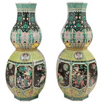 Large pair 19th Century Chinese Famille Noire double gourd vases. 84cm/33