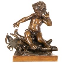 A 19th Century bronze study of a child seated on a shell, signed Pigale.