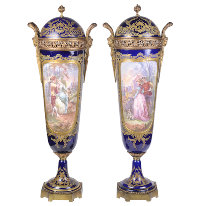 Large pair 19th Century Sevres style lidded vases.