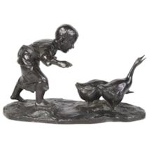 Japanese 19th Century Bronze Study of a Young Boy Chasing Geese