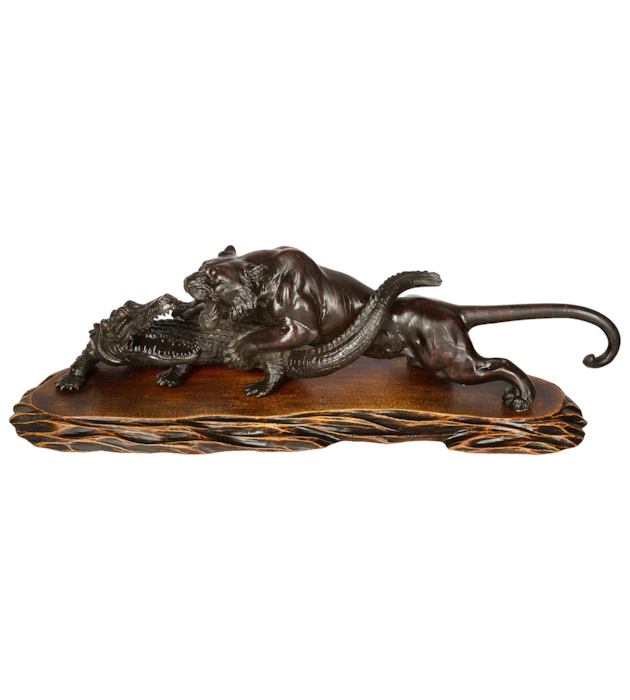 Japanese Meiji period Bronze Tiger attacking an crocodile. 19th Century