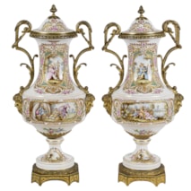 Pair French Sevres style porcelain lidded vases, C19th. 24.5"(62cm) high