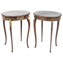 Fine quality near pair French marble topped side tables. In the manner of Linke