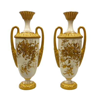 Pair of Royal Worcester porcelain vases, circa 1900. 12"(30cm) high