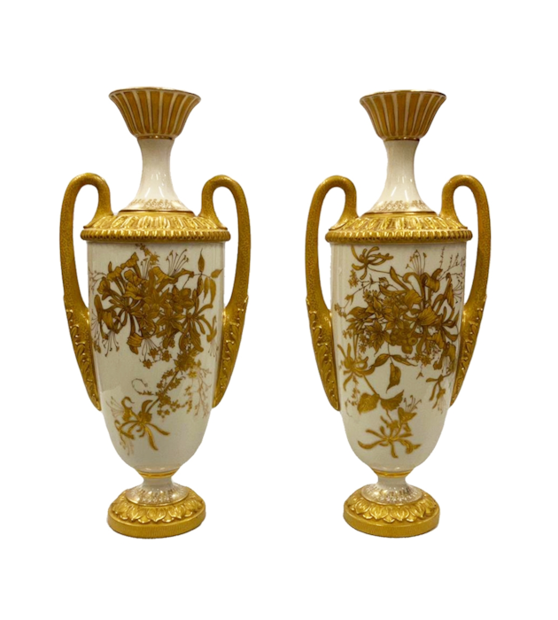 Pair of Royal Worcester porcelain vases, circa 1900. 12"(30cm) high